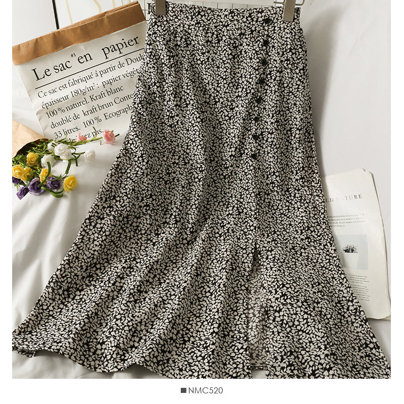 Mittellanger Retro-Rock mit hoher Taille und schmaler Brust und Blumenmuster 2575