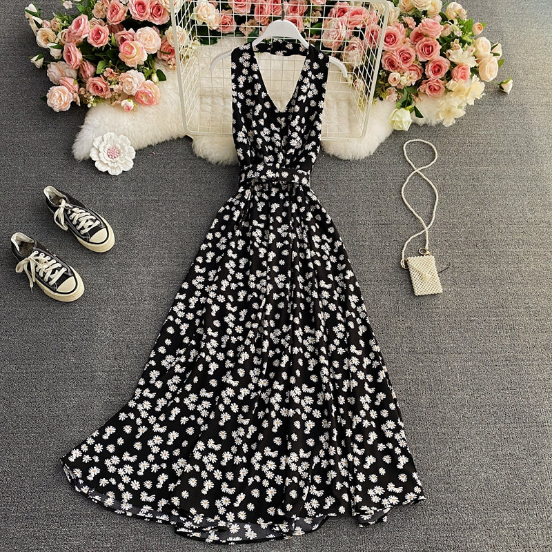 Chiffon-Kleid mit Blumenrock und V-Ausschnitt 3414