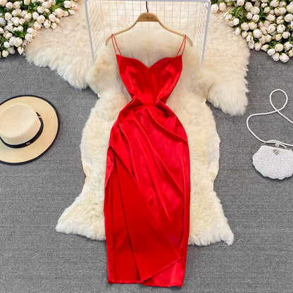 V-neck suspender dress fashion medium length split Hip Bag  3129