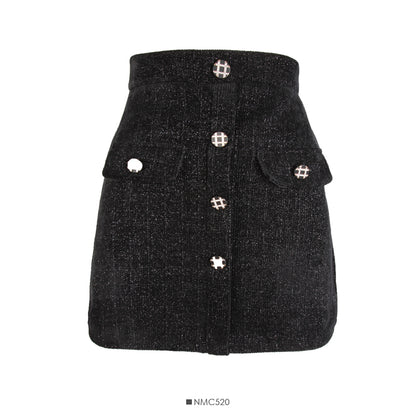 Hong Kong style retro bright silk vertical stripe buckle high waist slim A-line skirt  2588