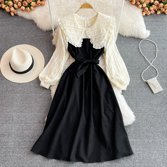 Vintage Lace stitched doll neck thin corduroy dress  3266