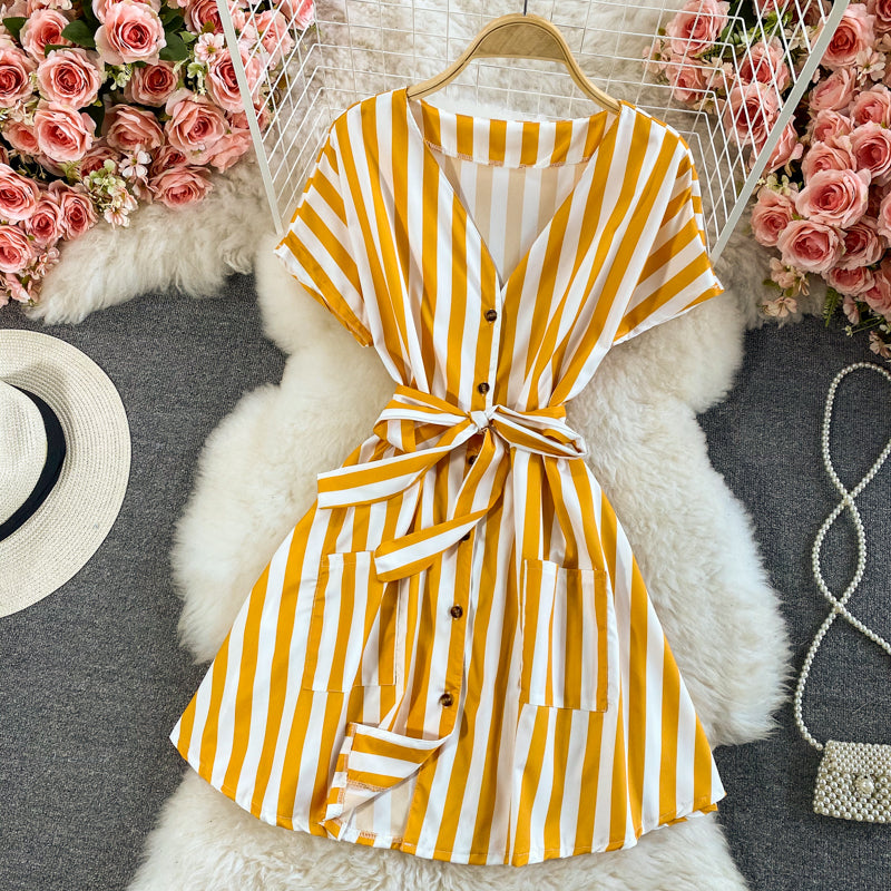 Celebrity temperament V-neck stripe lace up waist dress  2962