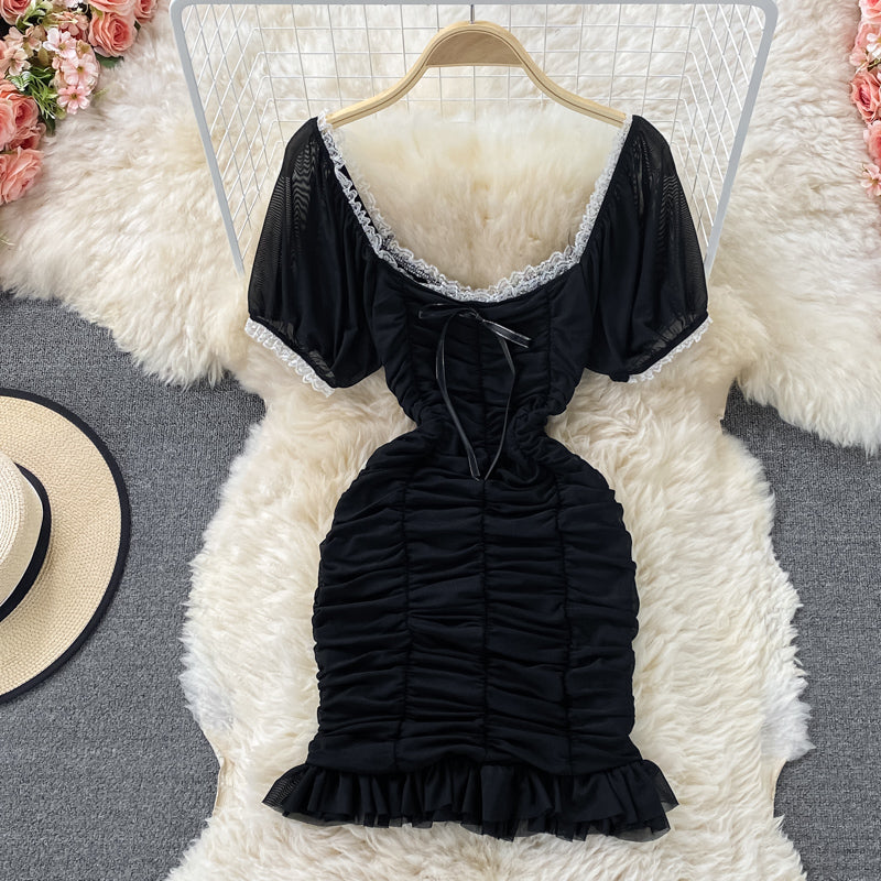 French Ruffle sweet square neck dress  2797