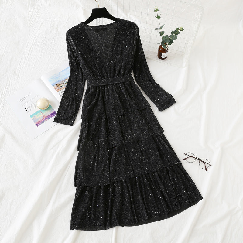 Temperament V-neck Crystal Mesh glittering cake dress  2448