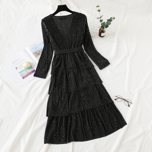 Temperament V-neck Crystal Mesh glittering cake dress  2448