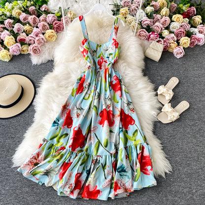 Geblümtes Kleid mit offenem Rücken, französischer langer Rock 2847