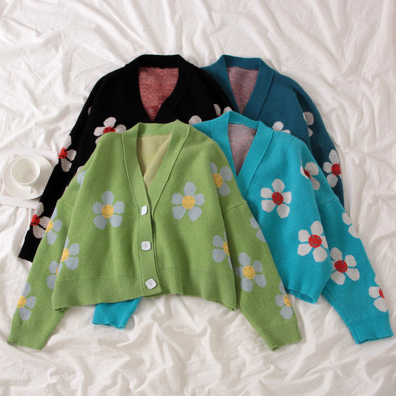 Preppy, floral knit coat, loose, V-neck, spring and autumn cardigan  1442