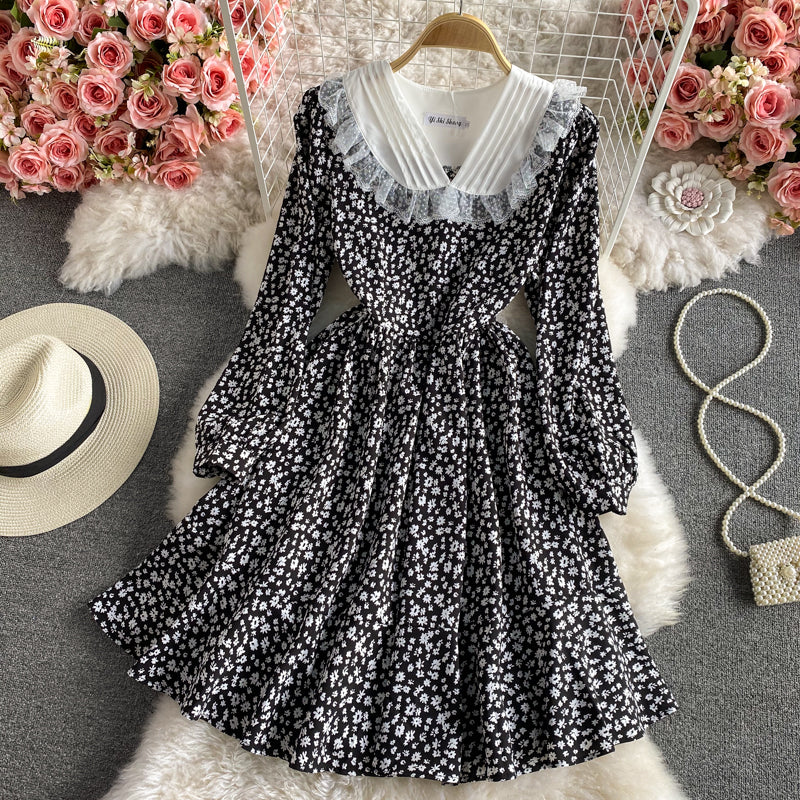 Slim temperament long sleeve floral dress female  2961
