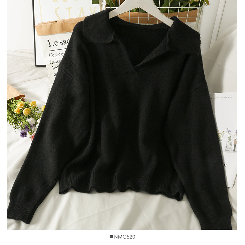 Neuer Vintage Revers lockerer dünner Pullover Pullover für Frauen 1805