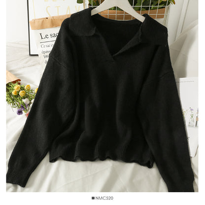 Neuer Vintage Revers lockerer dünner Pullover Pullover für Frauen 1805