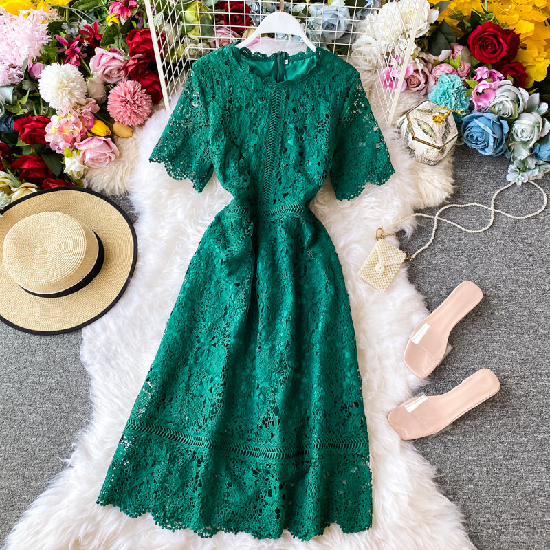 New over knee white lace dress sweet fairy skirt short sleeve long skirt  3136