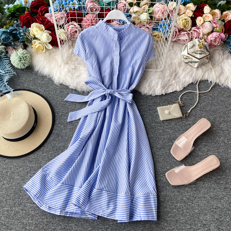 Striped light mature dress with slim waist  2947