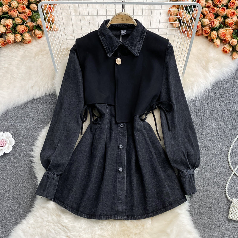 Slim waist, fake two waistcoats, lapel denim dress  3116