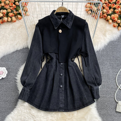 Slim waist, fake two waistcoats, lapel denim dress  3116