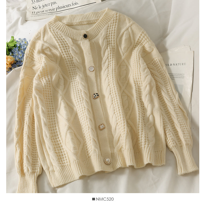 Sweater women's T-neck cardigan top loose and thin, versatile linen pattern long sleeve sweater  2069