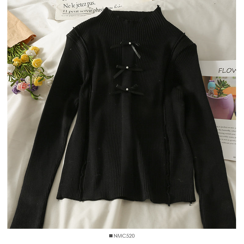 Korean bow decorative nail bead half high neck sweater for women  2053