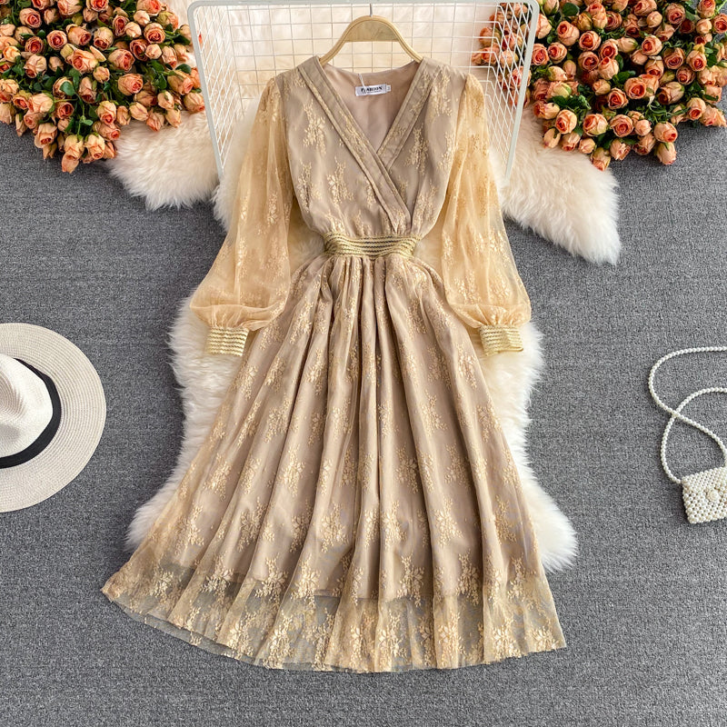 Lace mesh embroidery V-neck dress  2989