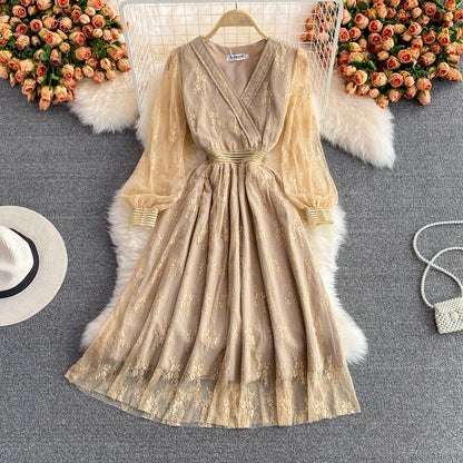 Lace mesh embroidery V-neck dress  2989