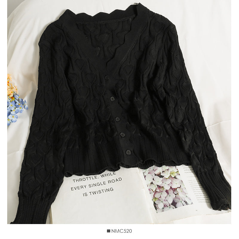 Heart shaped Plaid hollowed out wave edge long sleeve sweater for women  1759