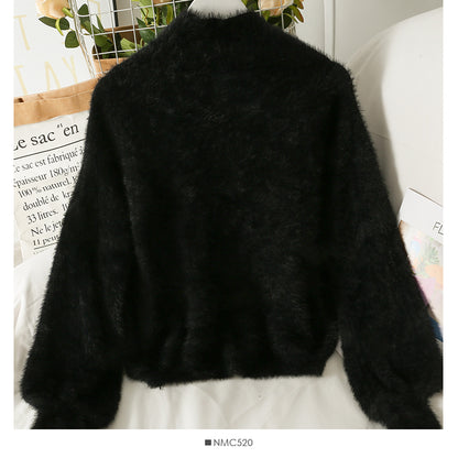 Sweater female Plush high neck slim fit solid color versatile long sleeve top  1764