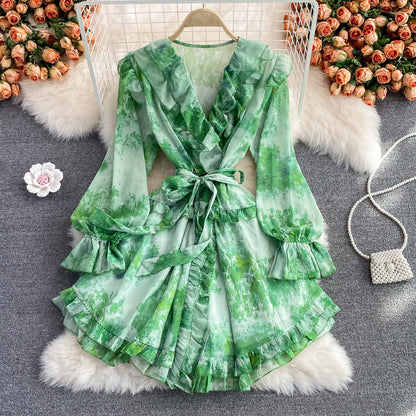 V-neck ruffled Floral Chiffon Dress  2854