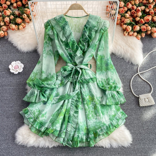 V-neck ruffled Floral Chiffon Dress  2854