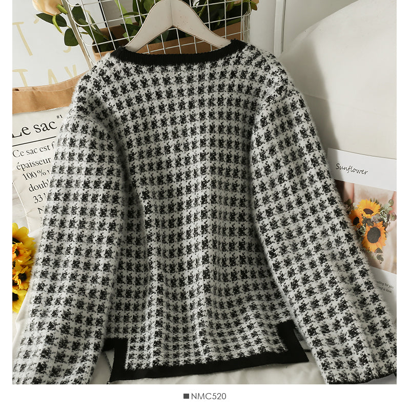 Sweater women's autumn and winter check loose and thin long sleeved cardigan  2075