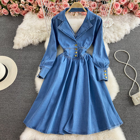 Temperament Lapel long sleeve backless denim dress  2960
