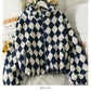 Diamond Plaid high neck bubble sleeve thickened jacket female drawstring lamb wool  2118