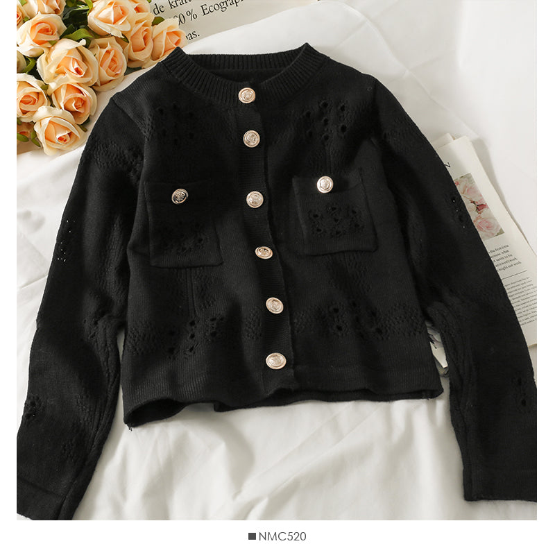 Sweater female hollow out Crochet pocket design top Korean single sweater  2059