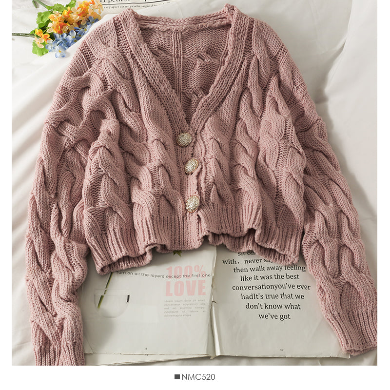 Veste courte coréenne à col en V et manches longues à simple boutonnage 1861