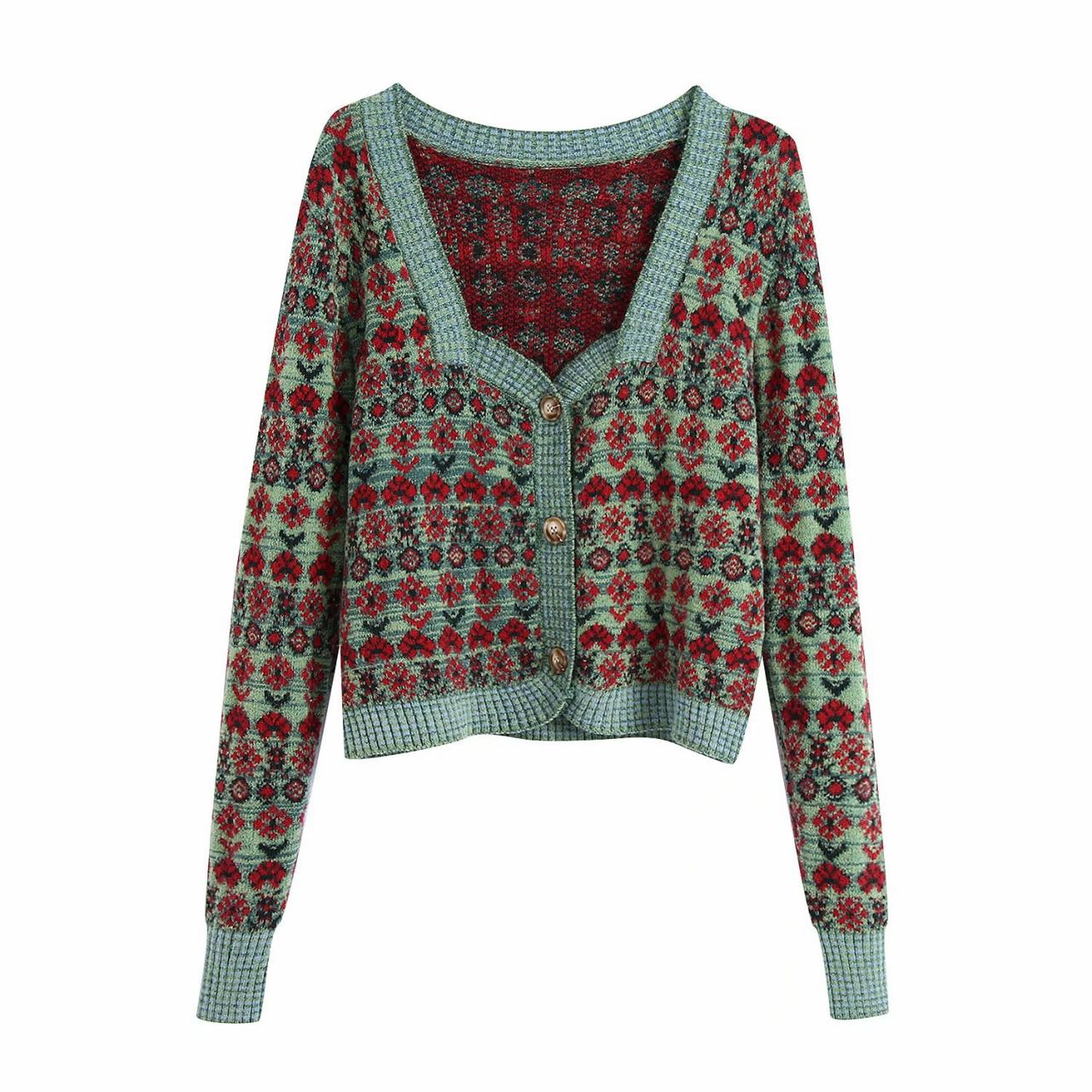 Retro Gericht Stil Jacquard Quadrat Kragen Design Sinn Strickjacke Frauen dünner kurzer Pullover Mantel,BILLIGE VERKÄUFE! 1469 
