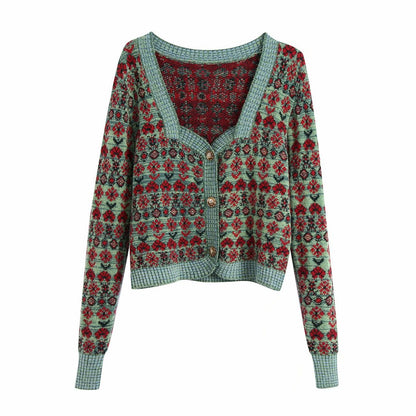 Retro Gericht Stil Jacquard Quadrat Kragen Design Sinn Strickjacke Frauen dünner kurzer Pullover Mantel,BILLIGE VERKÄUFE! 1469 