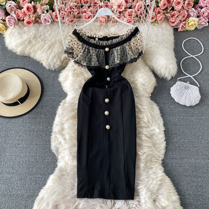 Temperament light mature style one shoulder wave dot mesh dress  2954