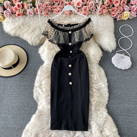Temperament light mature style one shoulder wave dot mesh dress  2954