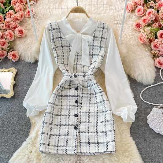 Celebrity temperament V-neck vest vest skirt white shirt  2869