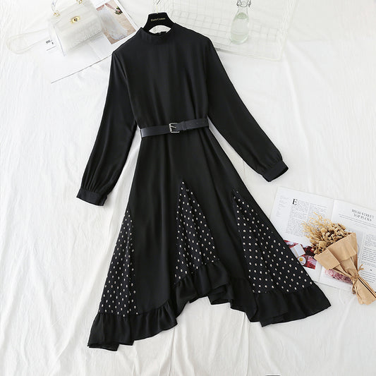 Versatile patchwork irregular loose slim French dress  2314