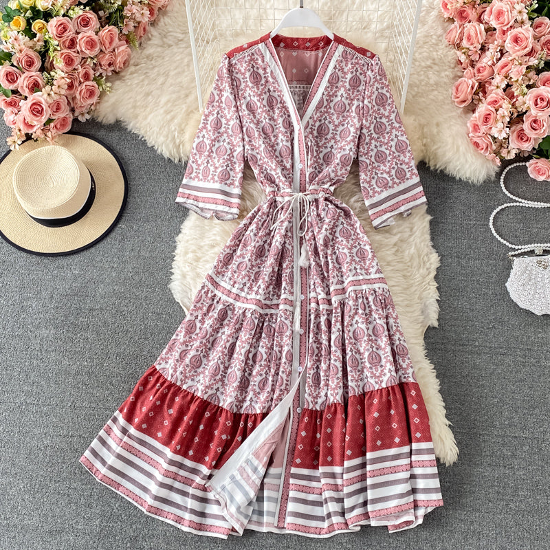 Einreihiges Kleid mit V-Ausschnitt, großer Blumenrock, langer Rock 2969
