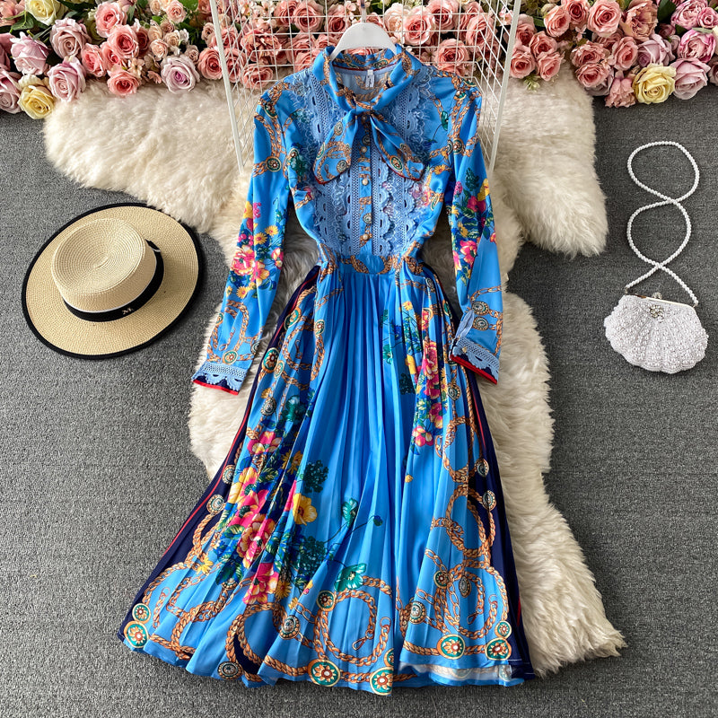 Celebrity temperament foreign style bow print Pleated Dress  3167