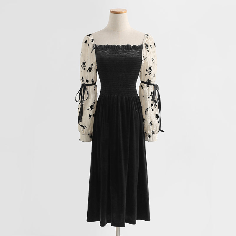 Floral dress long sleeves show thin temperament velvet skirt long skirt  2190