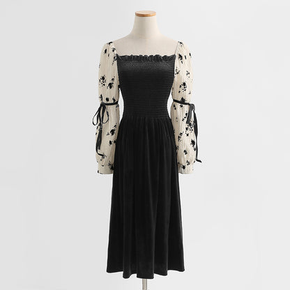 Floral dress long sleeves show thin temperament velvet skirt long skirt  2190