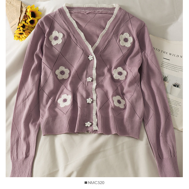 Sweet wind color blocking wavy edge stripe breasted cardigan top  1821