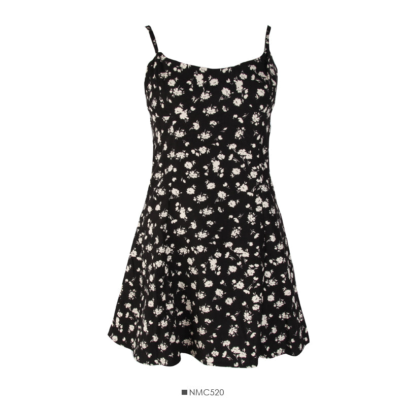 Hong Kong style retro small fresh broken flower low neck backless suspender skirt  2688