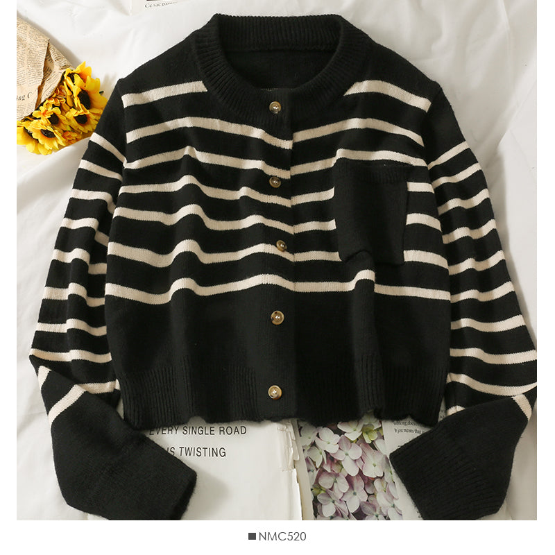 Stripe short loose thin single breasted cardigan women's sweater  2006