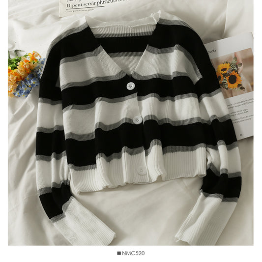 Koreanischer Streifen Drei-Knopf-Low-Neck-dünne Strickjacke mit langen Ärmeln 1793
