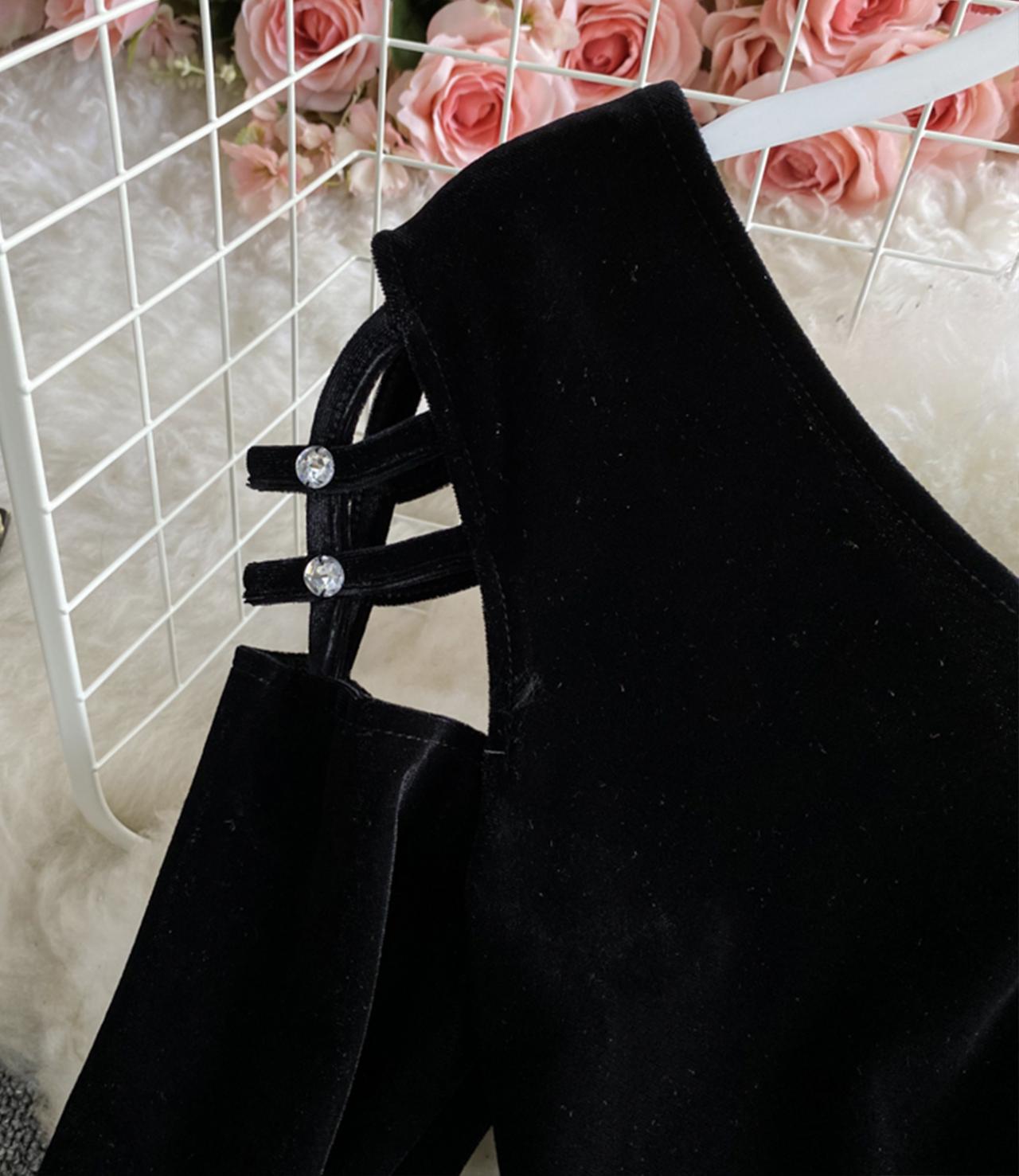 Black velvet short dress long sleeve dress  1300