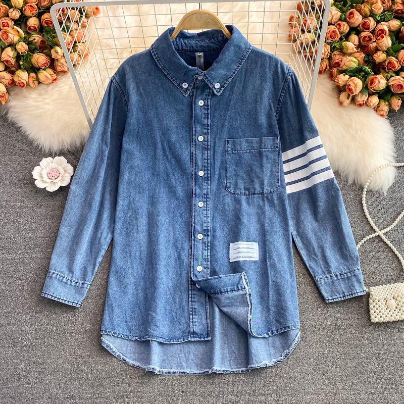 Manteau chemise ample mi-long en denim pour femme, version coréenne 1687
