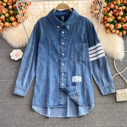 Manteau chemise ample mi-long en denim pour femme, version coréenne 1687