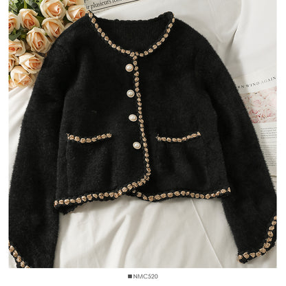 Korean version bright silk bonded pearl single breasted long sleeved sweater  1859