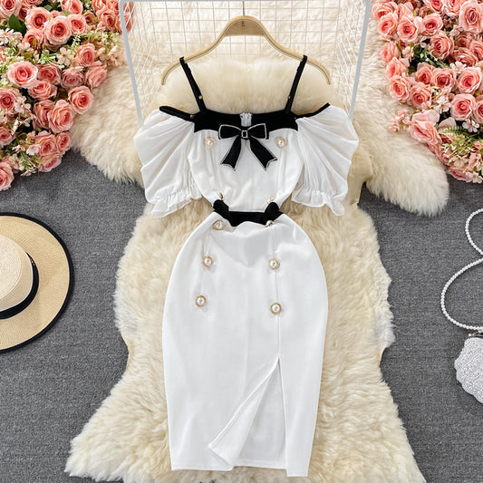 Off shoulder double breasted dress split Hip Wrap Dress  2984